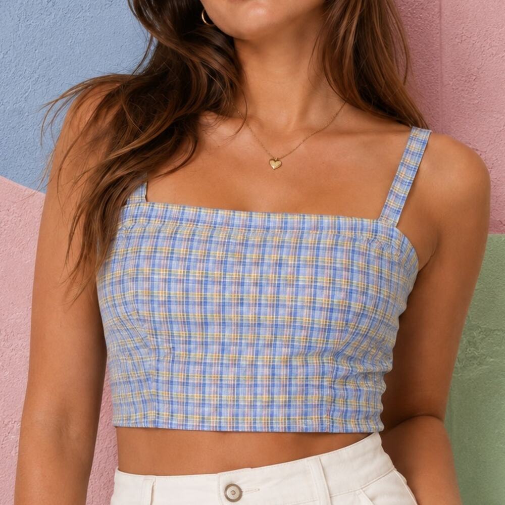 Elodie Blue Tan Plaid Square Neck Smocked Crop Top XL Y2K Coastal Preppy NWOT
